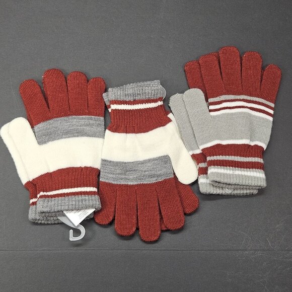 Youth Gloves Bundle Of 3 One Size Boys Red, Ivory, Grey, Striped,  New, No Tag - Picture 3 of 7